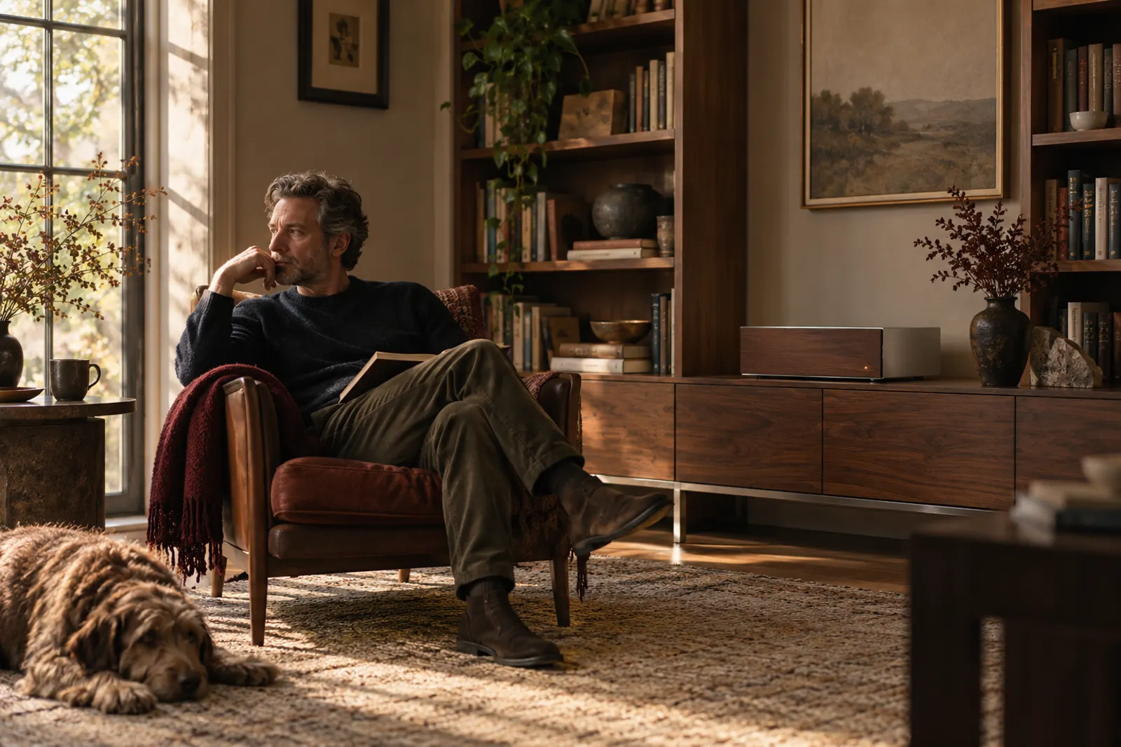 A man in a dark sweater sits in a leather armchair in a book-lined study, a sleeping dog at his feet. A low walnut and steel box with one small light rests on the credenza behind him.