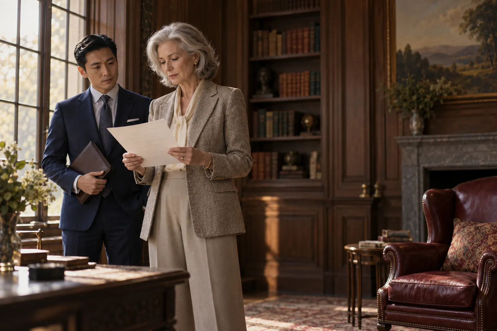 Eleanor, a woman in her sixties with silver hair in a tweed jacket, stands in a wood-paneled library reading a single sheet of paper, her chief of staff in a navy suit beside her.