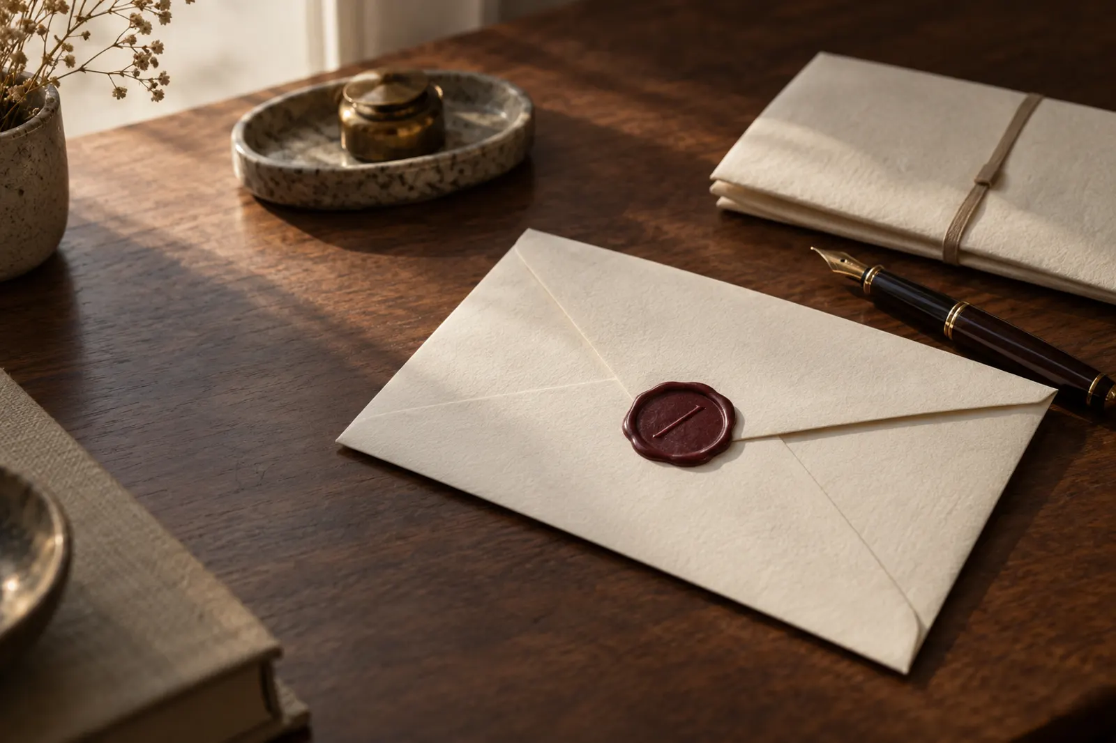 A cream envelope sealed with oxblood wax rests on a dark wood desk, beside a fountain pen and an inkwell.
