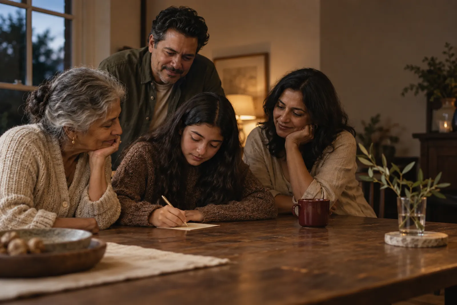 A family of four gathered around a warm, lamp-lit table in the evening: a grandmother, two parents, and a teenager writing on a small card while the others watch.