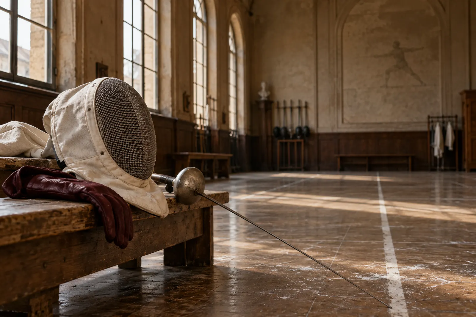 A fencing mask, an oxblood glove, and a foil rest on a wooden bench in an empty, sunlit fencing hall.
