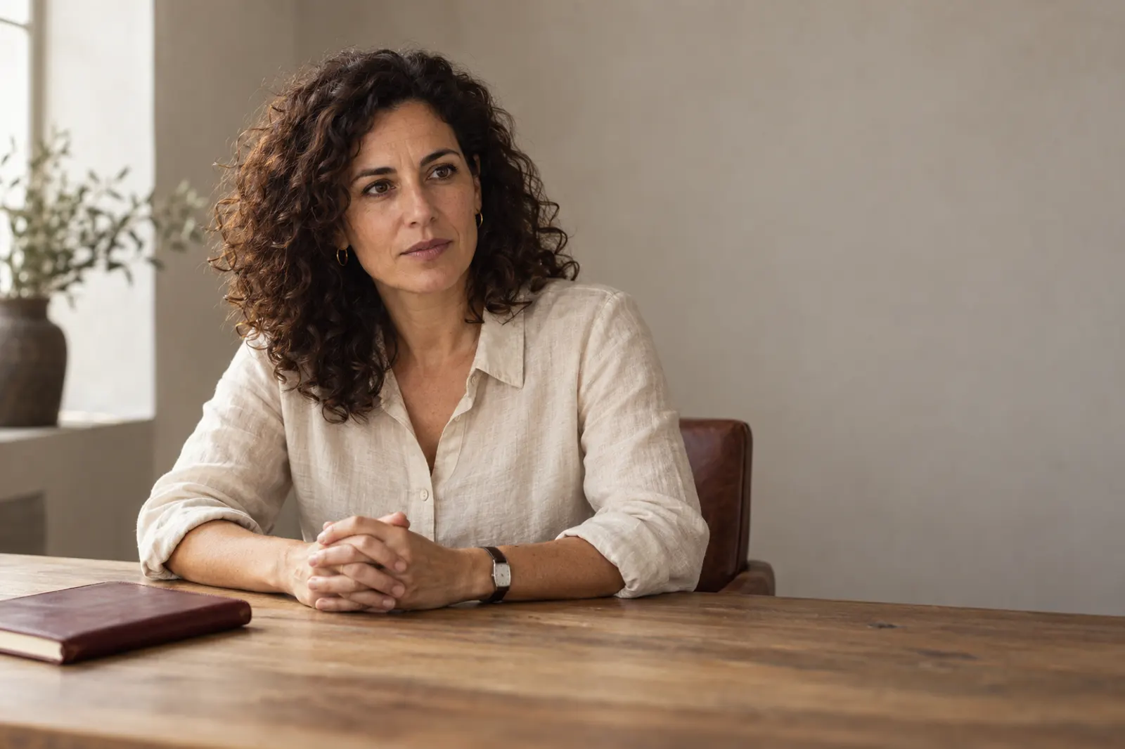 Inés, a woman in her early forties with dark curly hair and a linen shirt, sits at a plain wooden table with her hands folded, a leather notebook beside her, looking steadily to one side.
