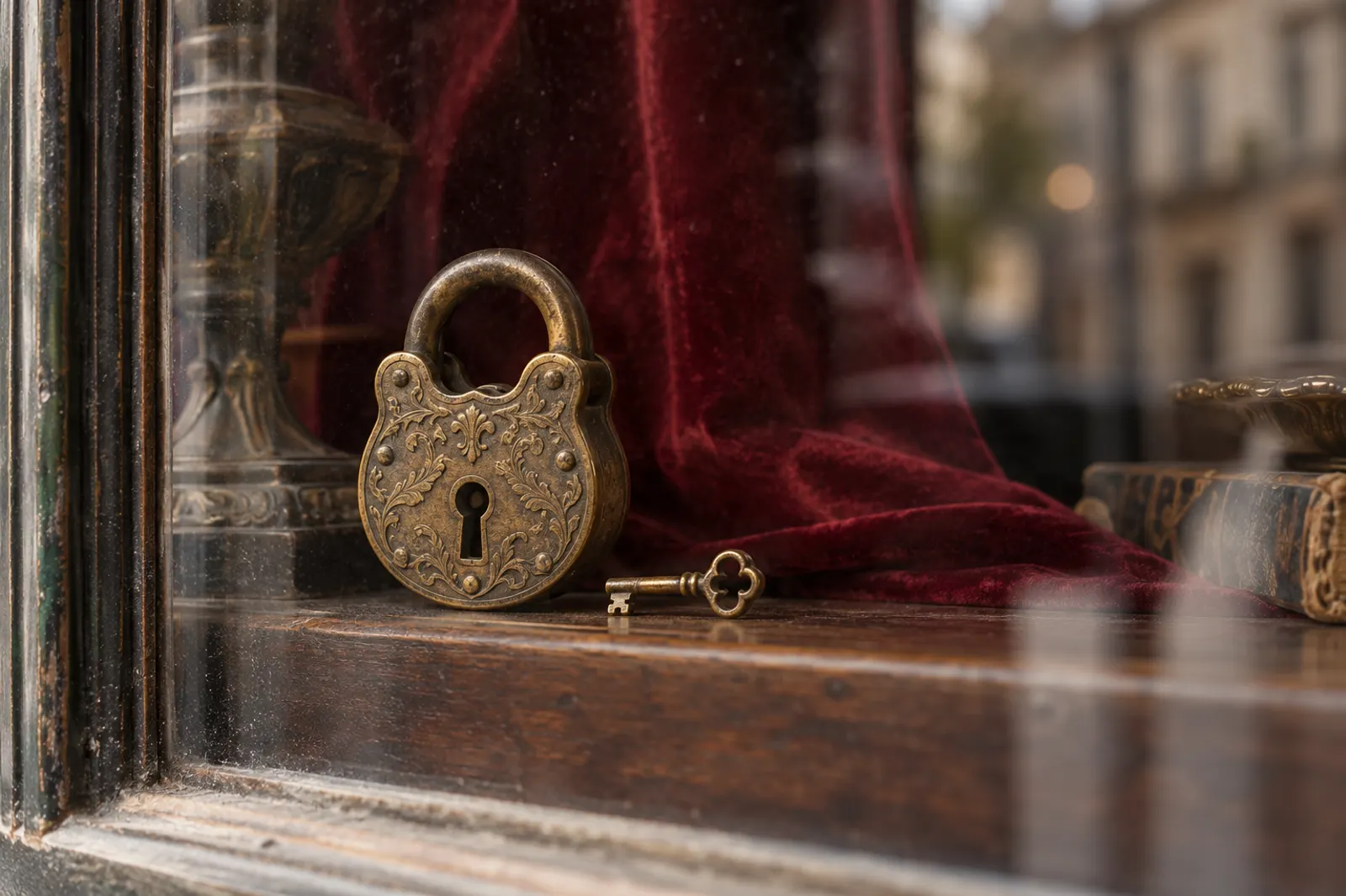 An ornate antique brass padlock and a small key displayed behind the glass of a shop window.
