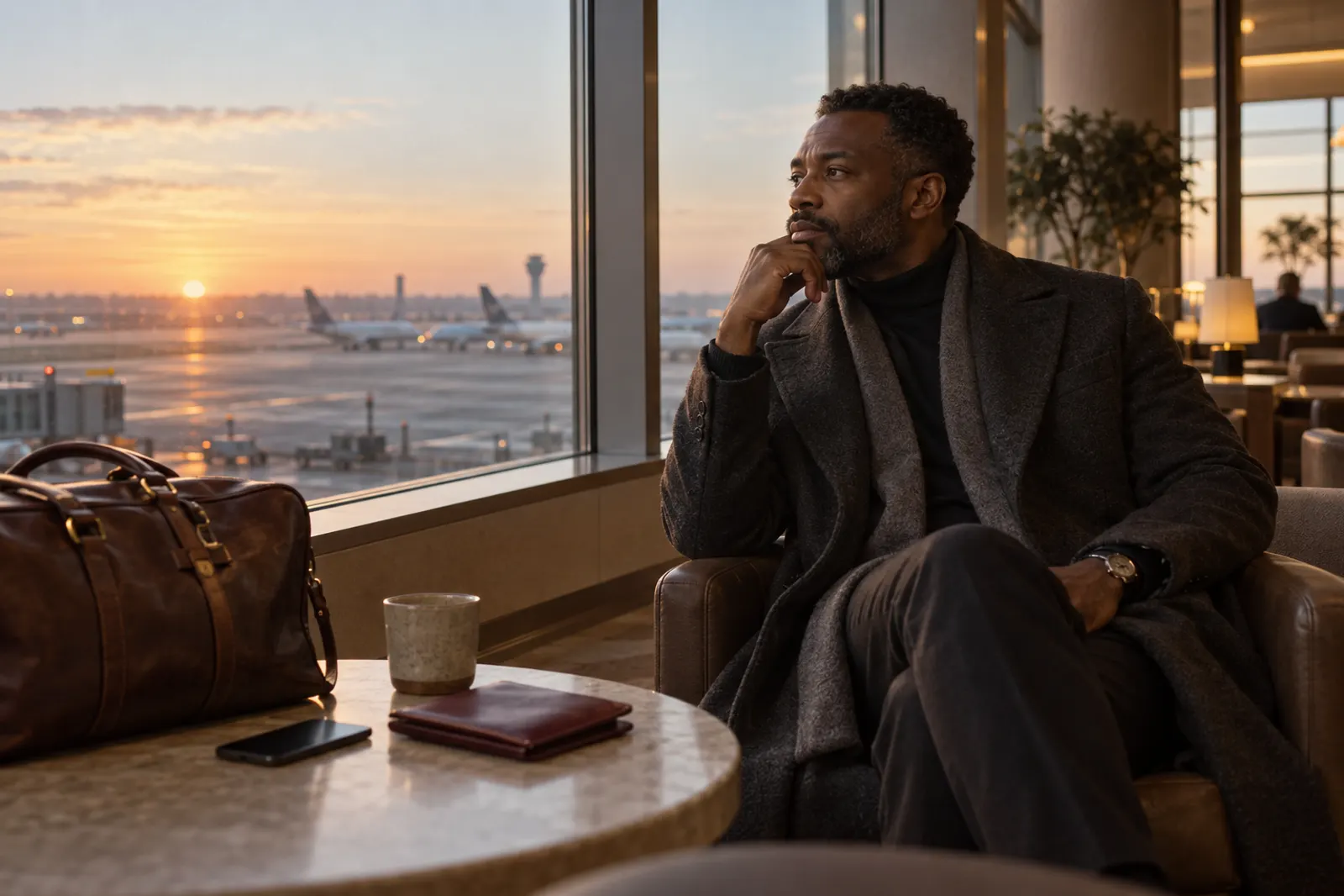 A founder sits quietly by a window at dawn in an airport lounge, thinking.