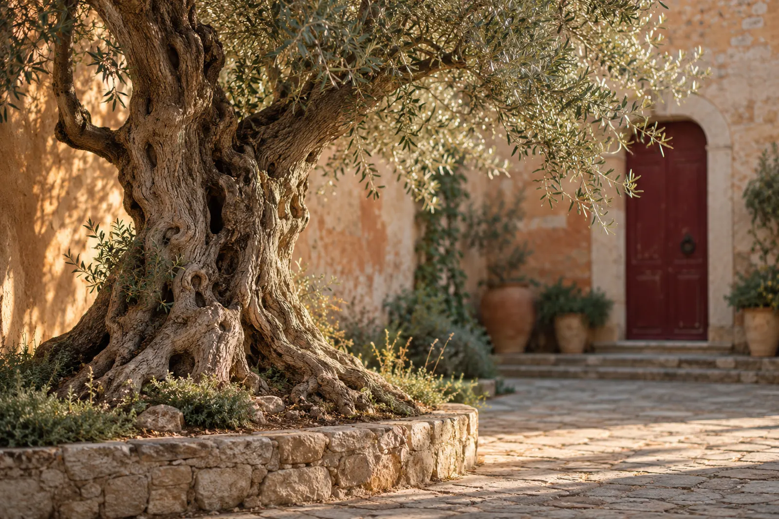 An ancient olive tree with a gnarled trunk grows in a sunlit Mediterranean courtyard, an oxblood door in the wall behind it.