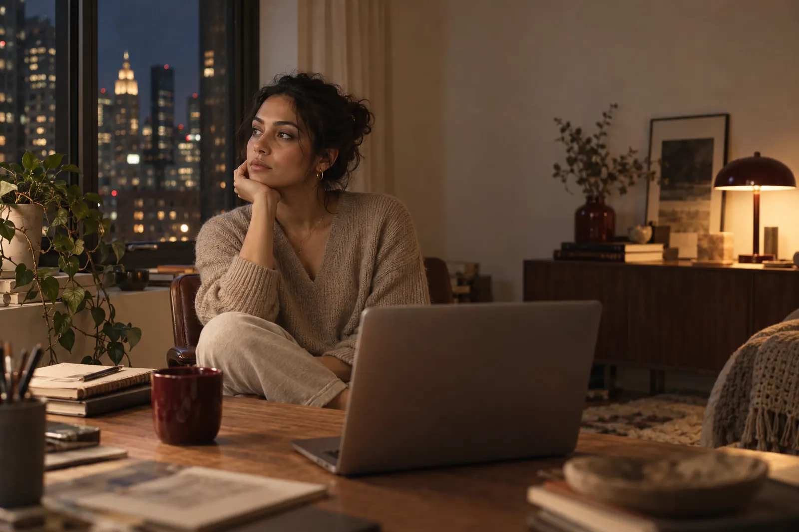 Priya, a woman in her late twenties in a soft sweater, rests her chin on her hand at a desk by a window at night, a city skyline behind her and a laptop open in front.