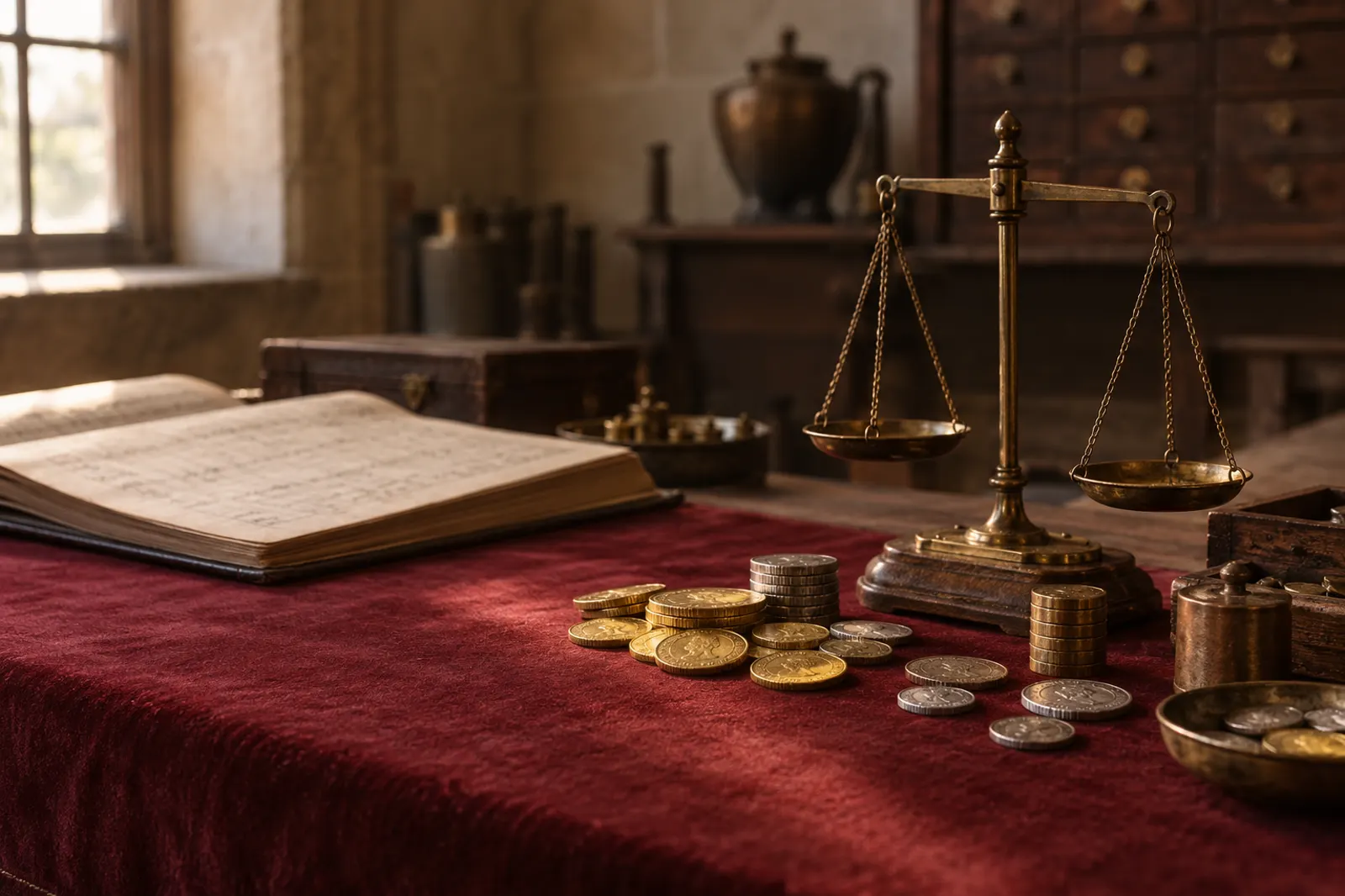 A brass balance scale and scattered gold and silver coins on deep-red velvet, beside an open ledger.