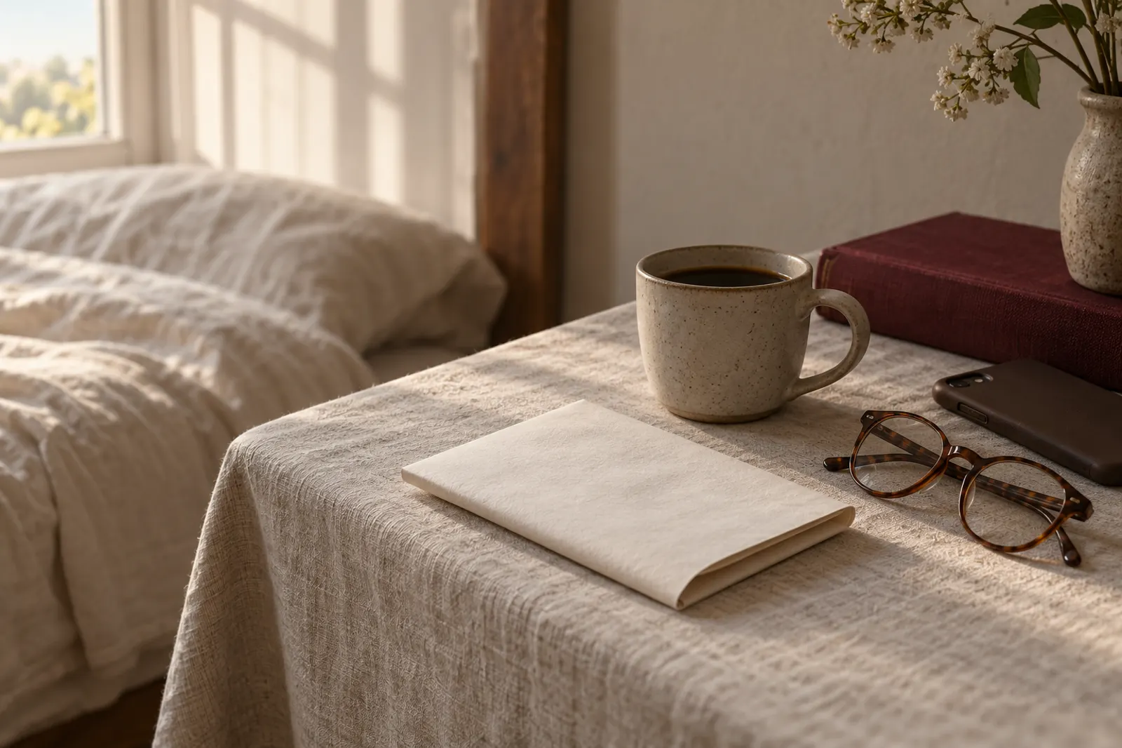 A folded paper, a cup of coffee, and reading glasses on a linen bedspread in morning light.