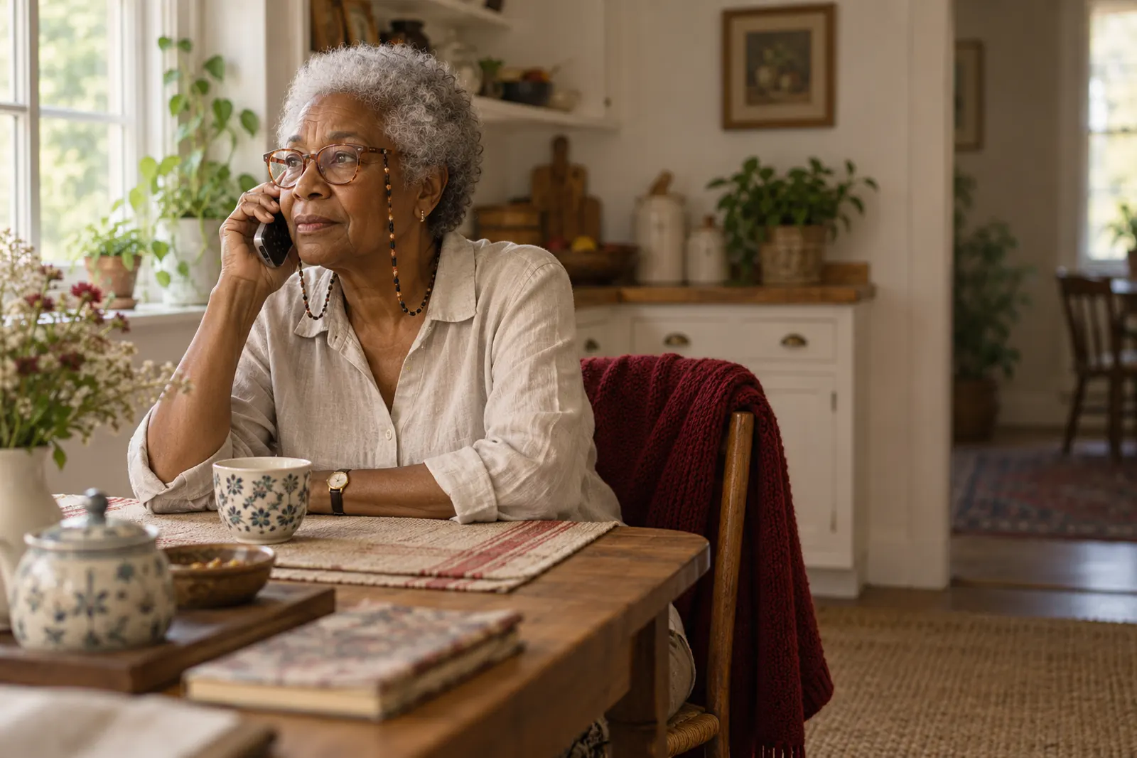 Ruth, a retired teacher, on the phone at her kitchen table, listening carefully.