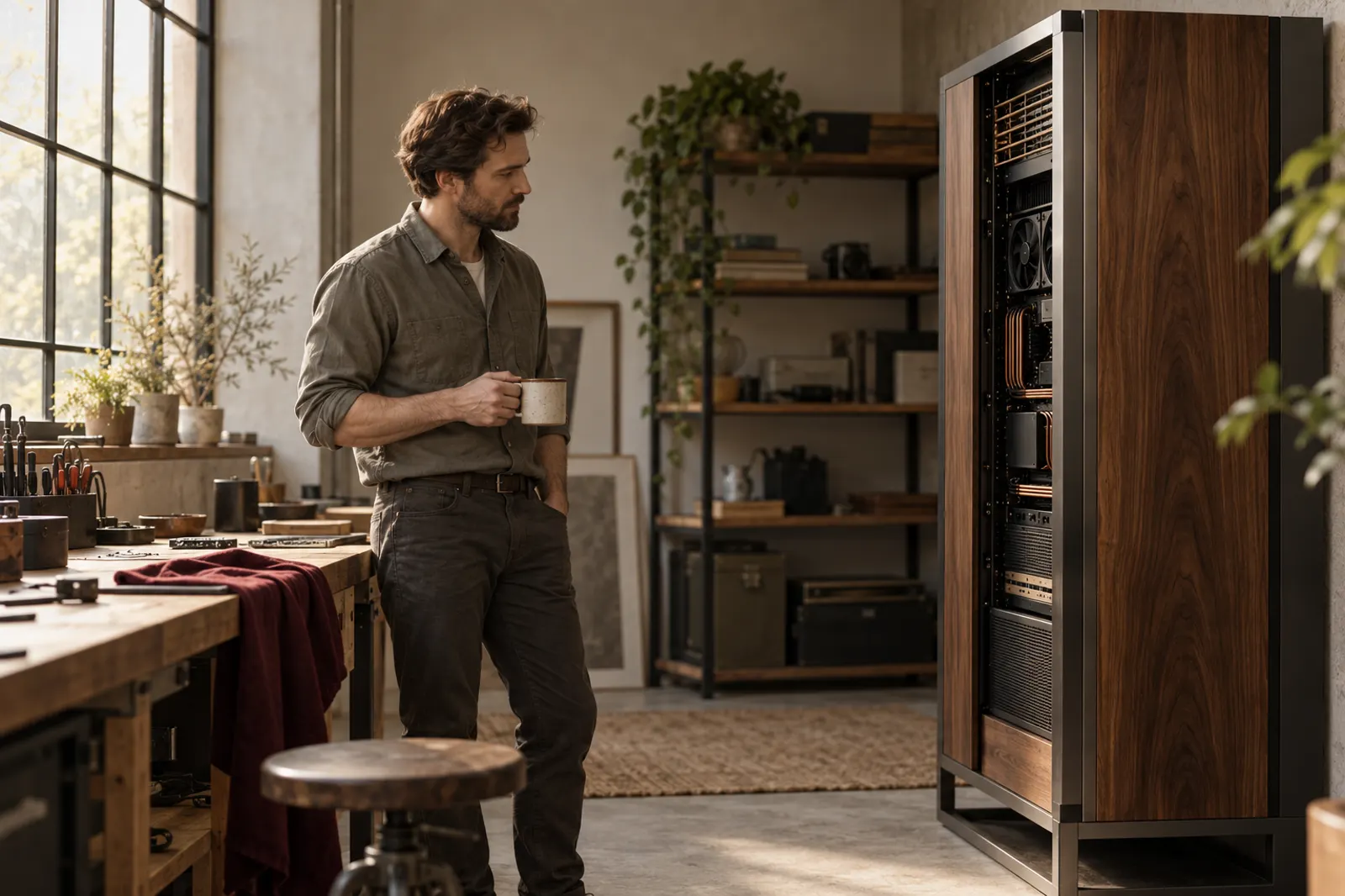 Tomás, a man in his mid-thirties in a work shirt, stands with a mug in a sunlit studio beside a tall walnut-cased computer with exposed copper cooling, looking at it thoughtfully.
