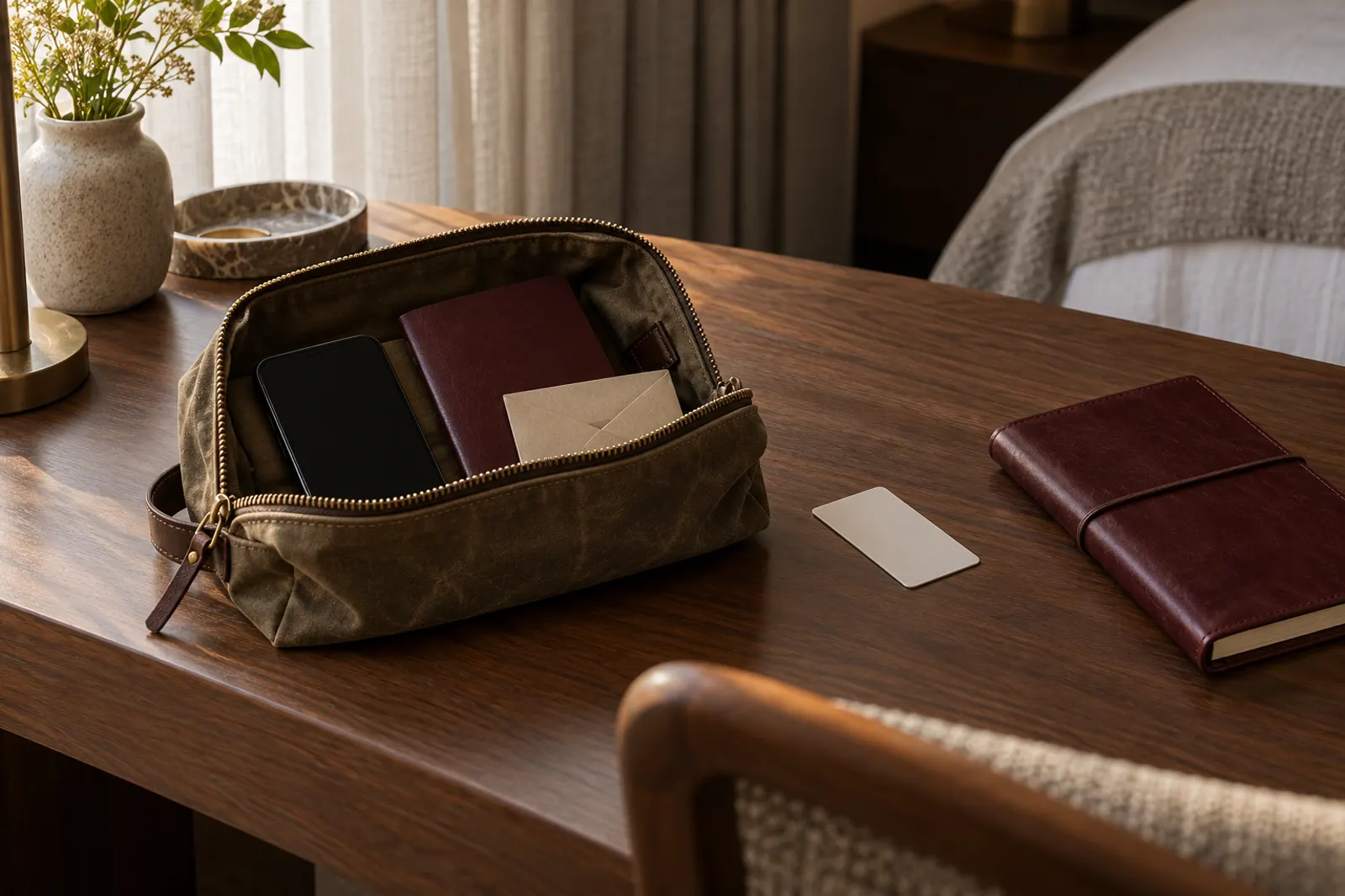 An open waxed-canvas travel pouch on a hotel desk holds a phone, an oxblood passport wallet, and an envelope, beside a leather notebook.